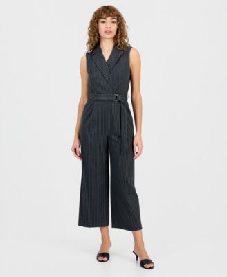 Women's Pinstriped Notched Collar Jumpsuit