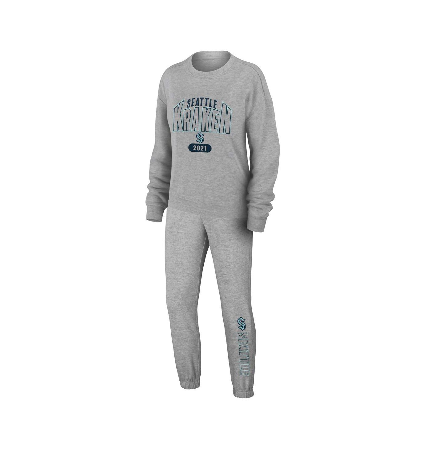 Женские пижамы WEAR by Erin Andrews Women's 2-Piece Heather Gray Seattle Kraken Knit Long Sleeve Tri-Blend T-Shirt and Pants Sleep Set — фото 1