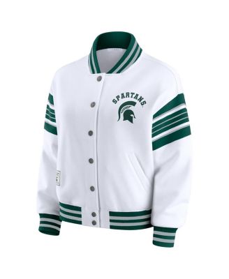 Women's White/Green Michigan State Spartans Satin Stitch Full-Snap Fleece Sweatshirt Jacket