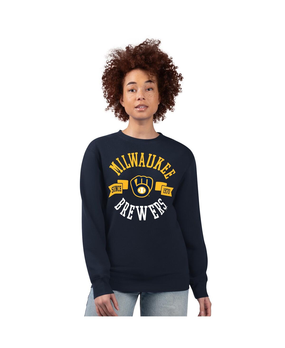 G-iii 4her By Carl Banks Women's Navy Milwaukee Brewers Team Logo Fleece Pullover Sweatshirt In Blue