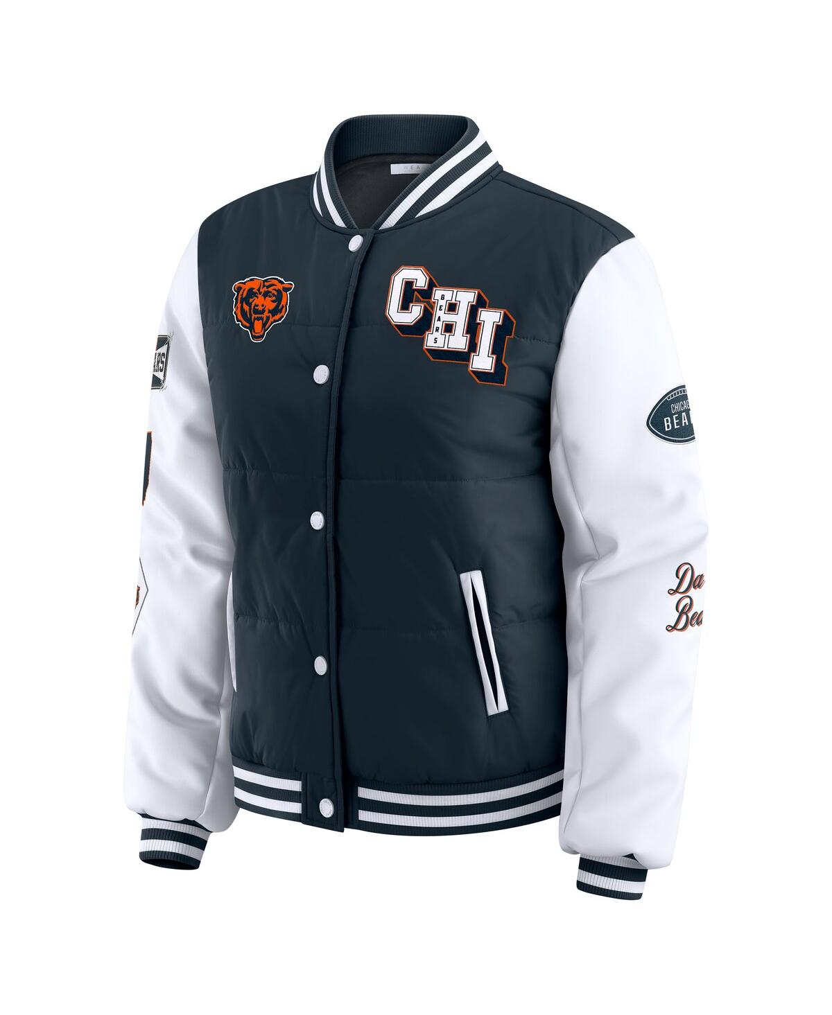 Wear By Erin Andrews Women's Navy Chicago Bears Varsity Full-snap Puffer Jacket In Blue