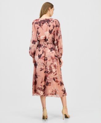 Women's Floral V-Neck Belted Midi Dress