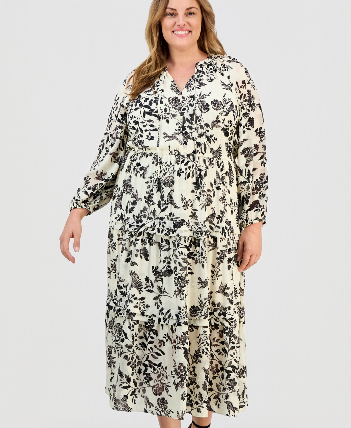 Anne Klein Plus Printed Tie-Neck Tiered Maxi Dress