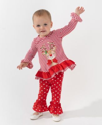 Rare Editions - Baby Girl 2-Piece Reindeer Applique Top and Polka Dots Leggings Set