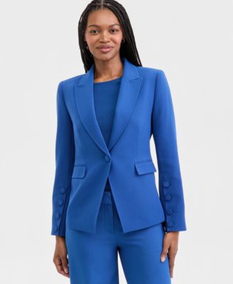 Women's Peak-Lapel One-Button Jacket, Fine-Rib Crewneck Sweater T-Shirt & Mid-Rise Wide-Leg-Pants