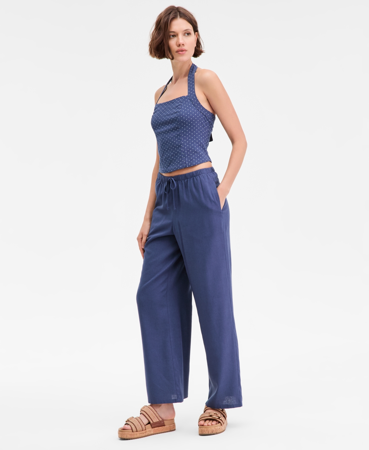 Hippie Rose Juniors' Linen-Blend Wide-Leg Tie-Front Drawstring Pants