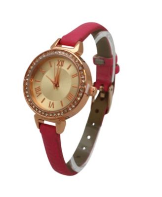 Pink Rhinestone Skinny Leather Strap Watch
