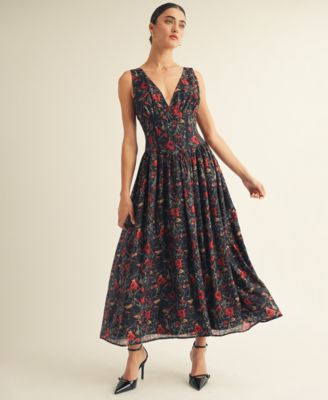 AROSE STUDIO, INC - Women’s V-Neck Detailed Floral Printed Maxi Dress