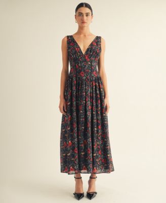 Women’s V-Neck Detailed Floral Printed Maxi Dress