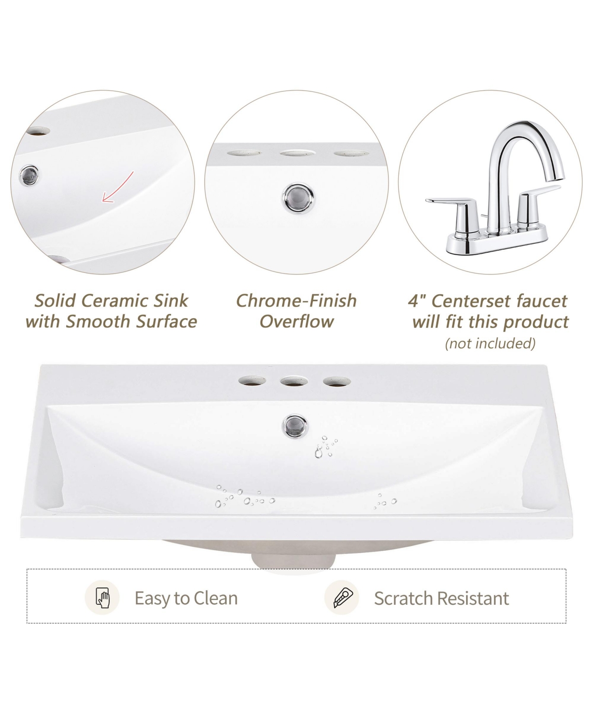 Casainc 24" Bathroom Vanity Top Only with Basin, 3-Faucet Holes, 4" Faucet Compatible, Ceramic