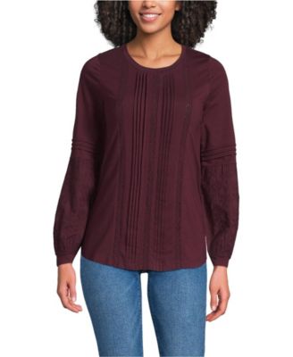 Women's Lightweight Jersey Lace Mix Long Sleeve Pintuck Top
