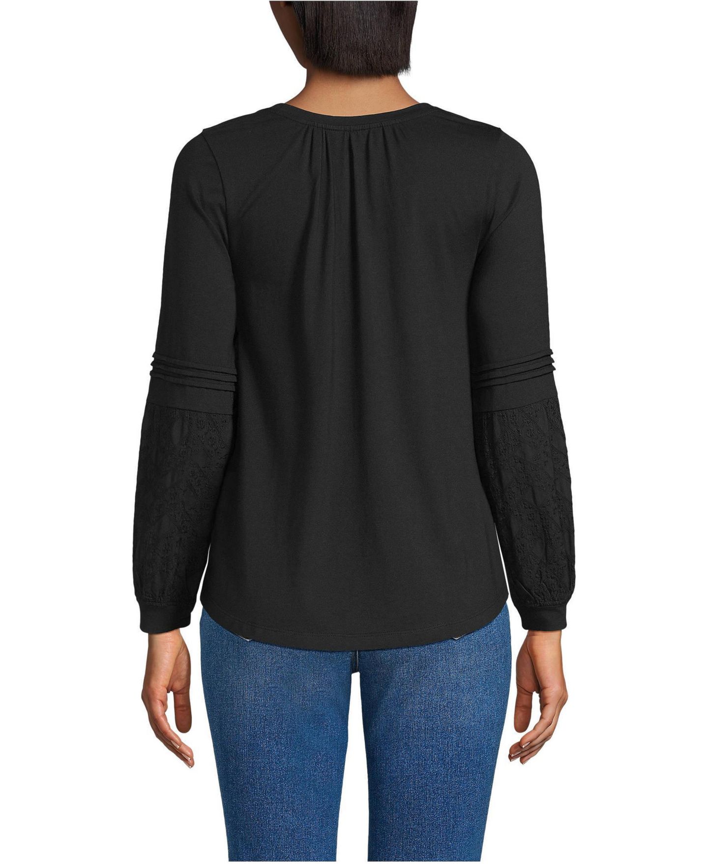Женский топ Lands' End Lightweight Jersey Lace Mix Long Sleeve Pintuck, цвет: Чёрный — фото 2
