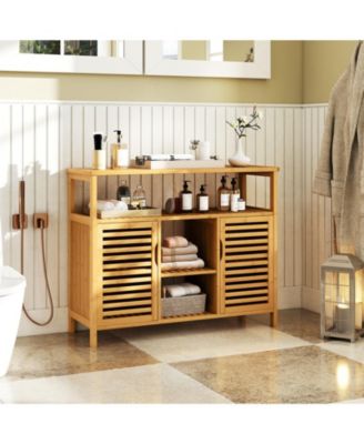 Bamboo Bathroom Cabinet 2-Door Storage Organizer w/ Shelves for Living Room