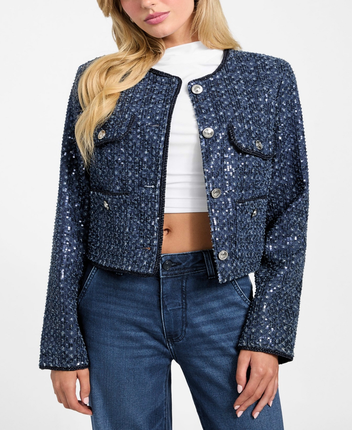 Guess Elisa Sequin Crop Jacket In Blue