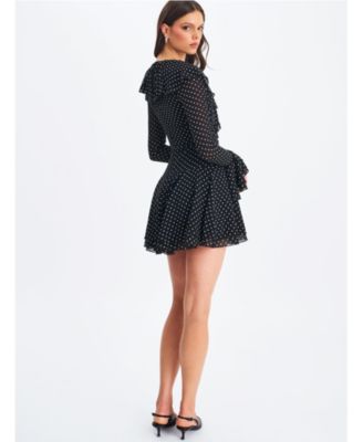 Women Omari Black Chiffon Polka Dot Ruffled Neckline Mini Dress