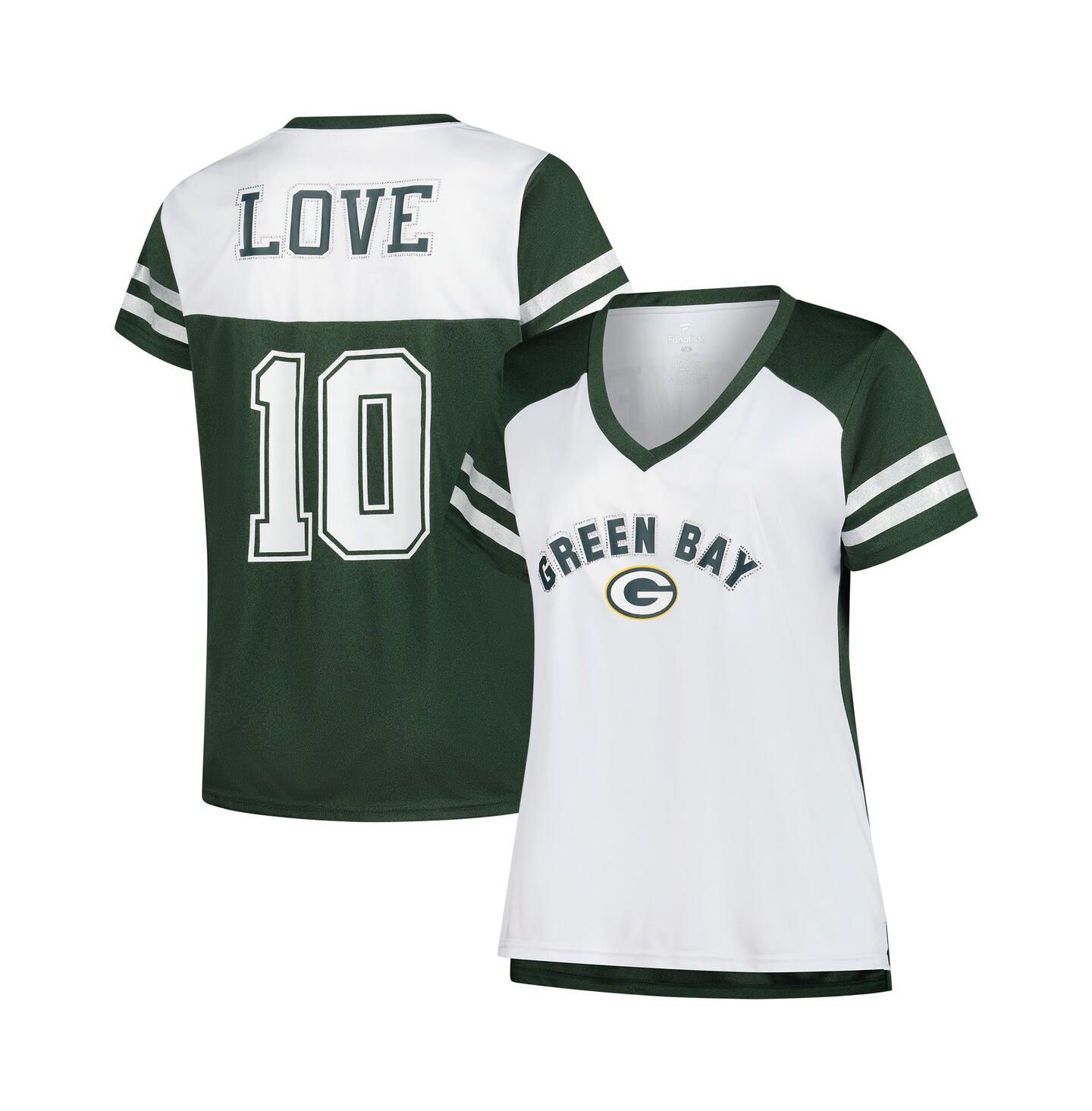 Женская футболка Fanatics Love White Green Bay Packers Plus Size Bling Raglan V-Neck — фото 1