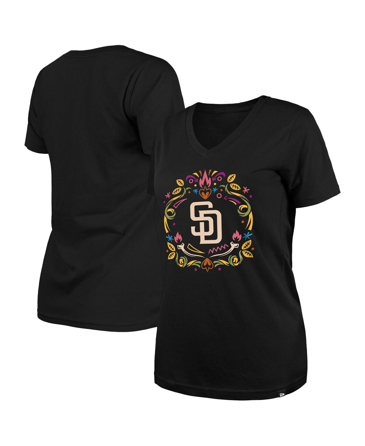 New Era Women's Black San Diego Padres Dia De Los Muertos V-neck T-shirt In Black