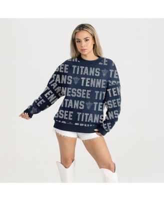 Women's Navy Tennessee Titans Relaxed Drop Shoulder Hype Era Rhinestone Text Sweatshirt