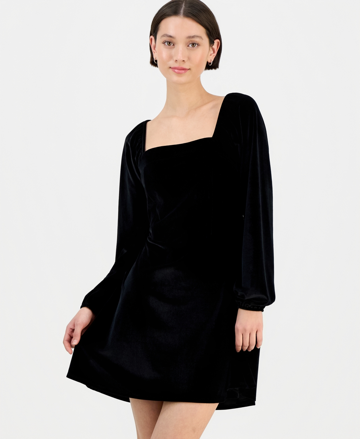 Sincerely Jules Juniors' Long-sleeve Velour Square-neck Mini Dress In Black