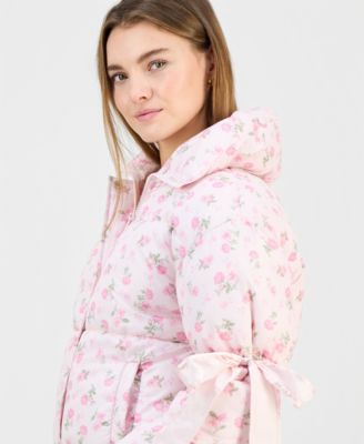 Juniors' Printed Bow-Trim Puffer Jacket