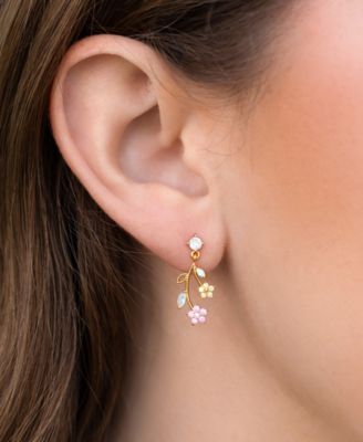 Crystal Gold Plated Flower Stem Dangle Earrings
