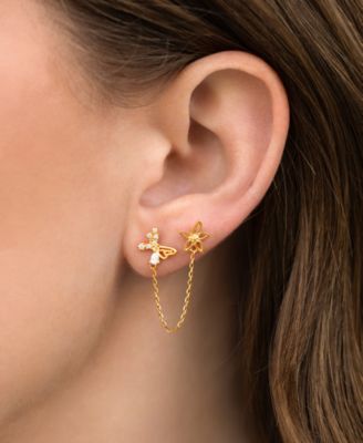 Crystal Butterfly Effect Flat Back Gold Plated Double Earrings