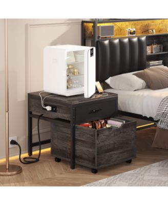 End Table with Charge Station, Mini Fridge Strand with Storage Drawers and Rolling Cabinet