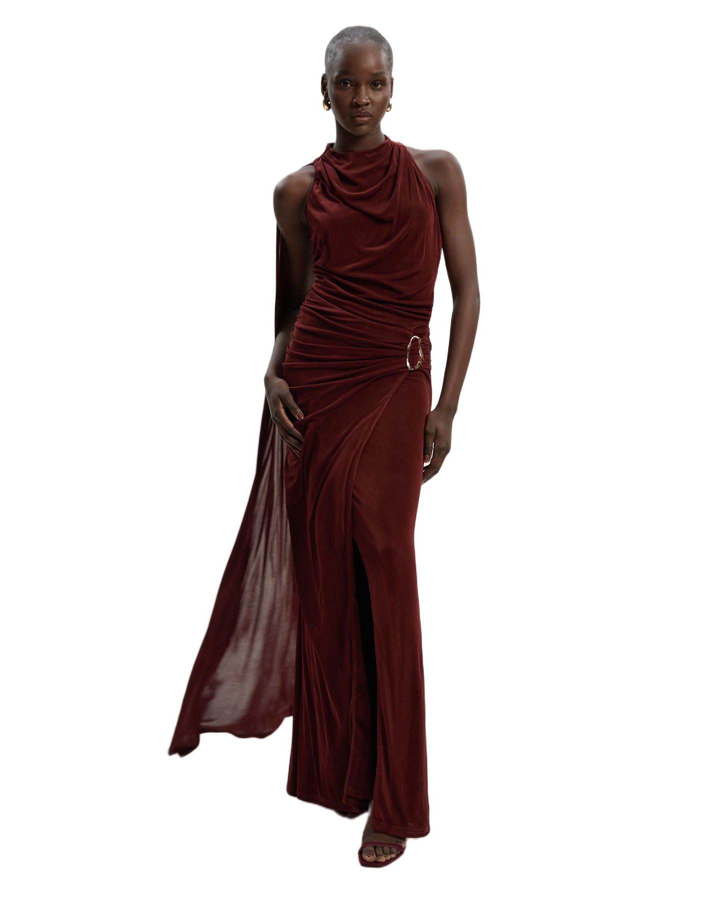 Женское платье Karen Millen Slinky Crepe High Neck Maxi, цвет: Шоколадный — фото 1