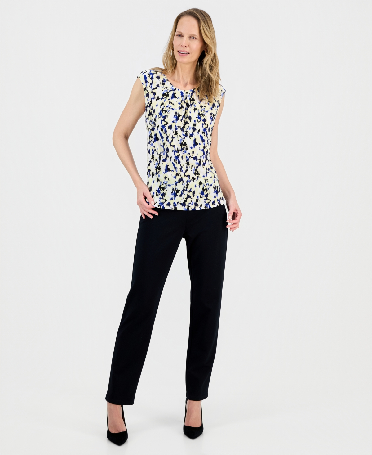 Kasper Women's Printed Pleat-Neck Extended-Sleeve Top