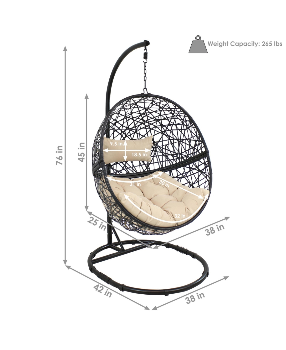 Outdoor Resin Wicker Jackson Hanging Basket Egg Chair Swing with Cushions, Headrest, and Steel Stand Set - 3pc