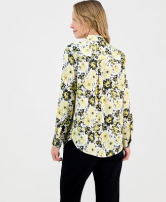 Women's Floral-Print Satin Button-Front Top, Regular & Petite