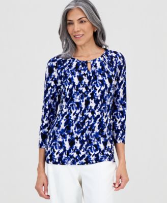 Kasper - Women's Printed Pleat-Neck 3/4-Sleeve Top