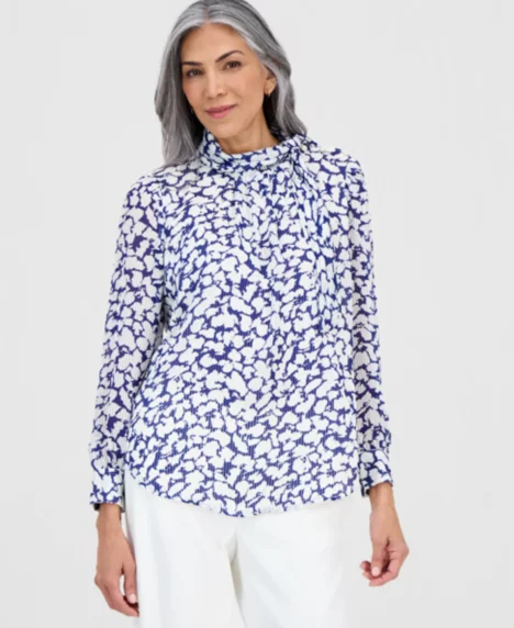Women's printed High-Tie-Neck Long-Sleeve Top - Royal Sig/vnila Ice