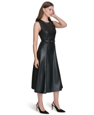 Women's Faux-Leather Belted Sleeveless Midi Dress