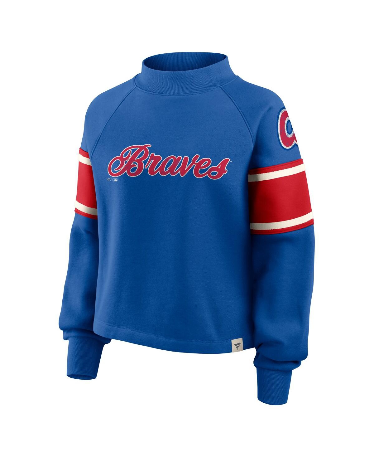 Fanatics Women's Royal Atlanta Braves Oversized Toss Sweep Raglan Pullover Sweatshirt In Blue