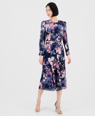 Tahari ASL - Women's Floral Long-Sleeve Ruffled Dress