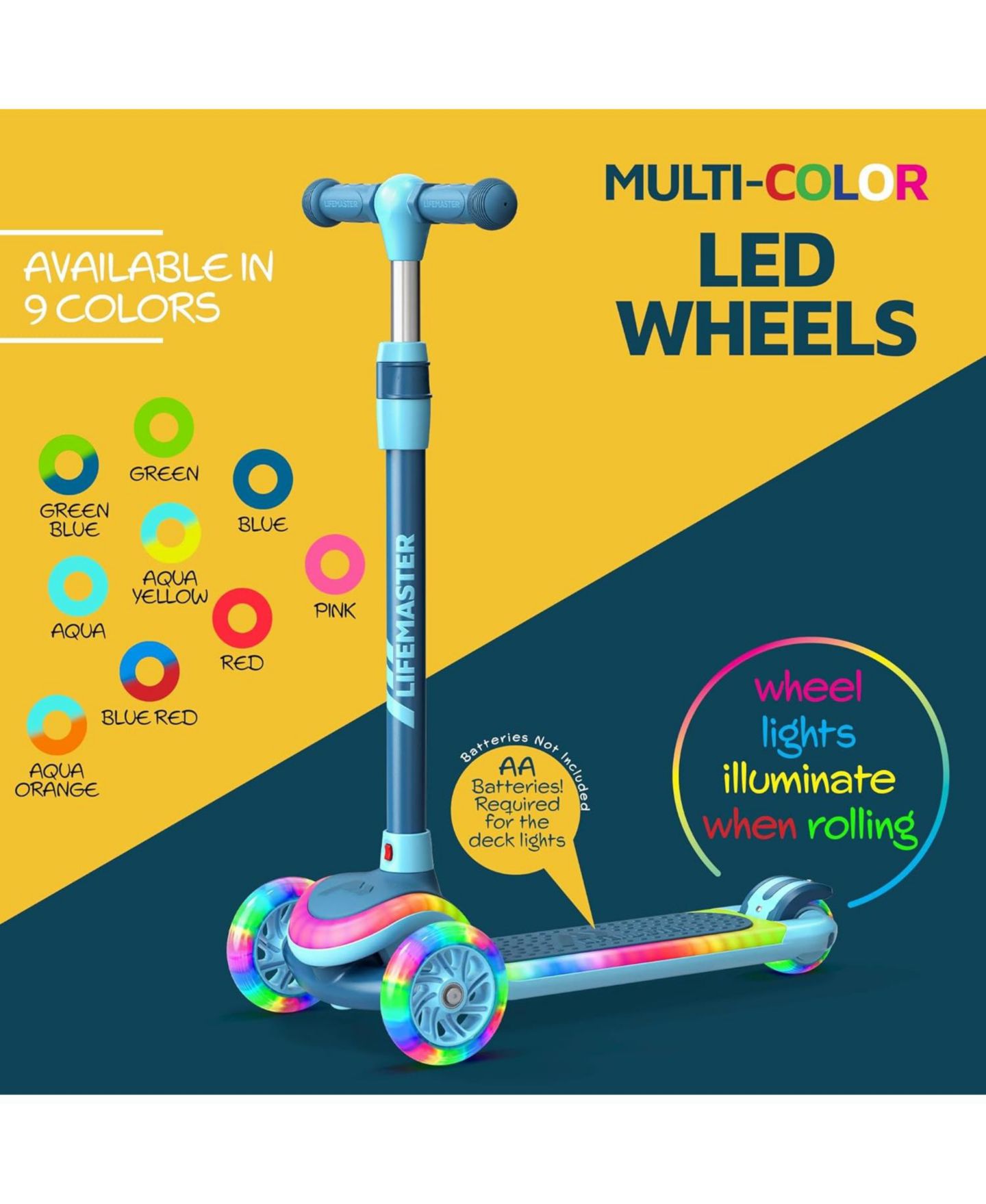 Детская игрушка Lifemaster 3-Wheel Light-Up Kids Scooter, Adjustable Handlebar, Supports Up to 150 lbs, Ages 3+ — фото 3