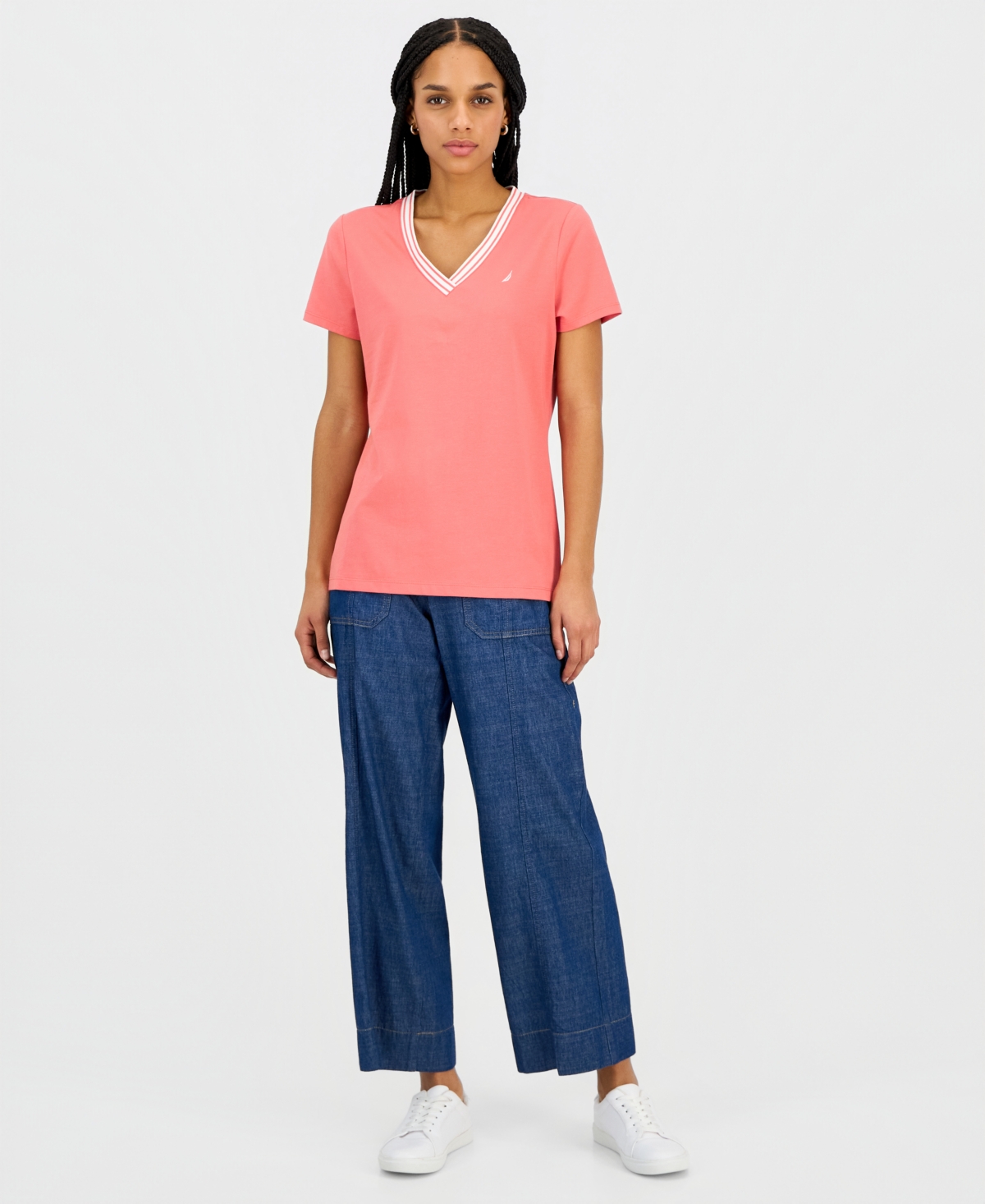Nautica Jeans Women's Solid Stripe-Trim V-Neck