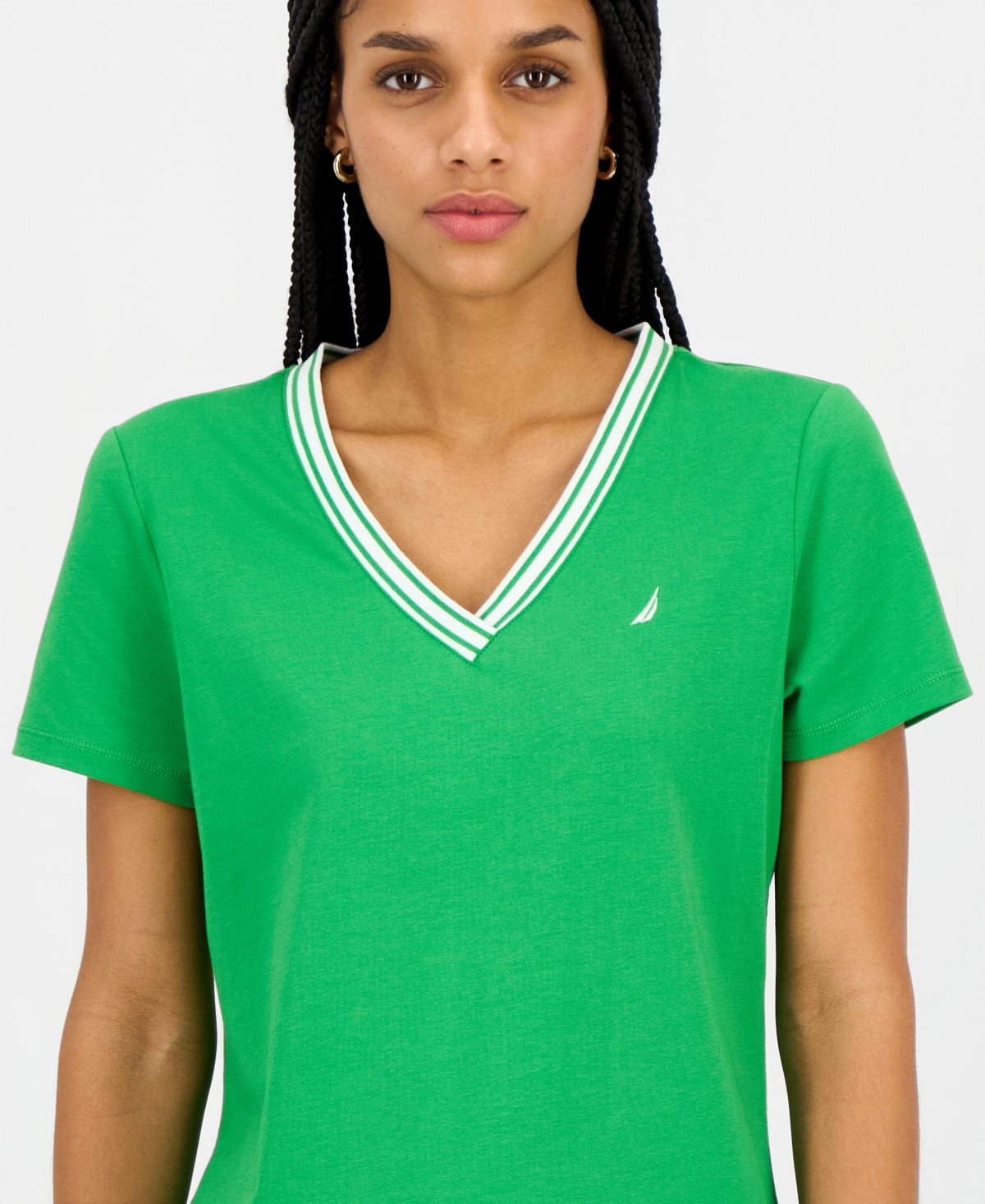 Nautica Jeans Women's Solid Stripe-Trim V-Neck