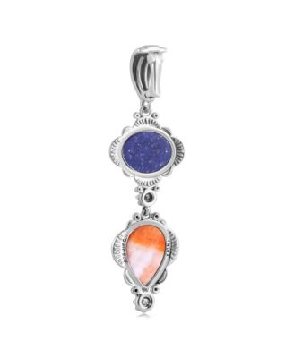 Sterling Silver Pear and Oval Lapis and Orange Spiny Oyster Linear Pendant Enhancer