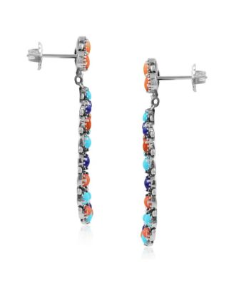 Sterling Silver Orange Spiny Oyster, Turquoise and Lapis Teardrop Post Back Earrings