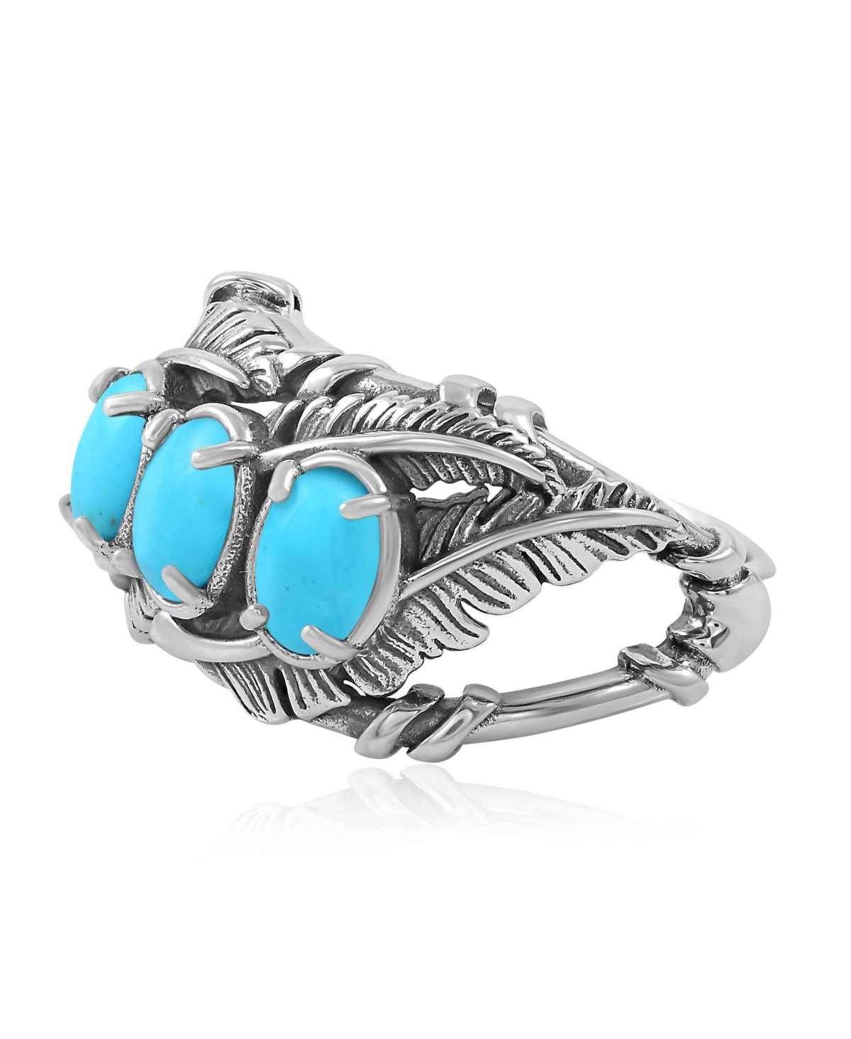 American West Jewelry Sterling Silver Kingman Turquoise Three Stone Feather Ring