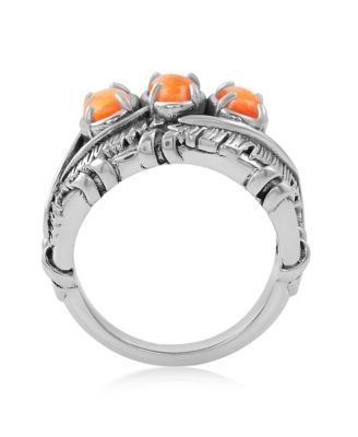 Sterling Silver Orange Spiny Oyster Three Stone Feather Ring, Size