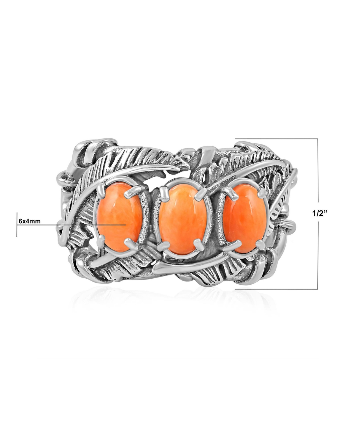 American West Jewelry Sterling Silver Orange Spiny Oyster Three Stone Feather Ring
