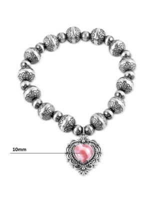 Sterling Silver Rhodochrosite Heart Charm Bead Bracelet, Size Small to Medium