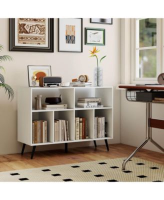 Large MDF Record Player Stand Cabinet with Built-In Power Outlet and Open Shelves