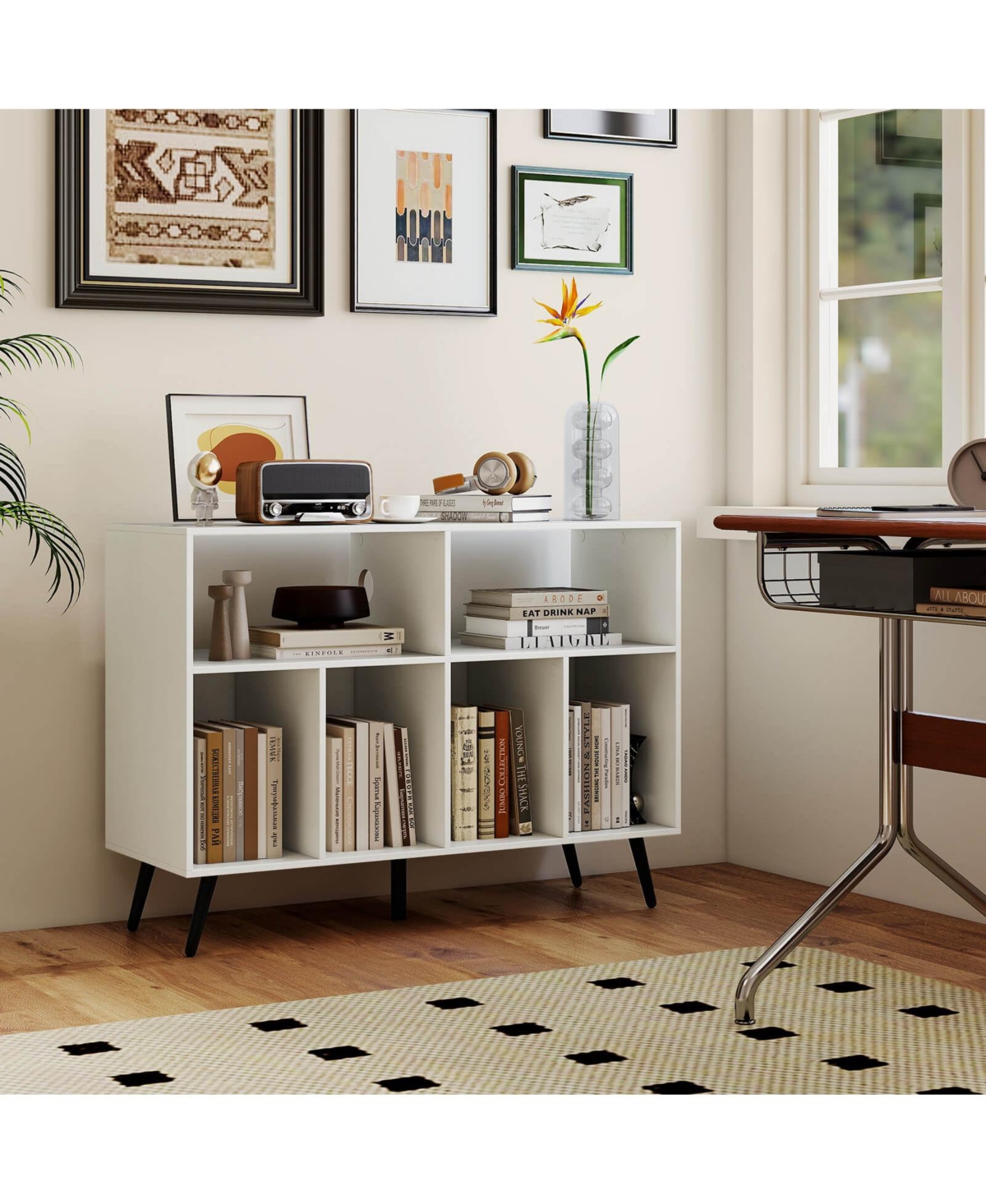 Costway Large Record Player Stand Cabinet with Built-in Power Outlet Open Shelves