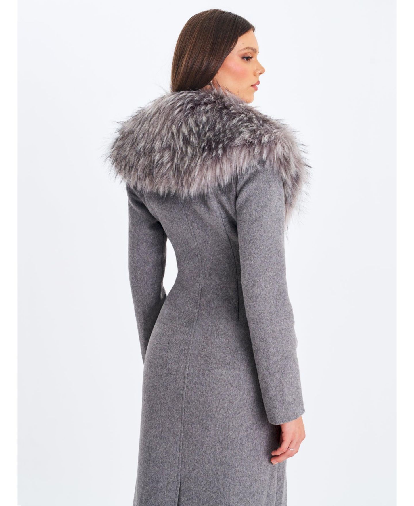 Женское пальто Miss Circle Faye Grey Wool Blend Single-Breasted Coat with Removable Faux Fur Collar, цвет: Серый — фото 8