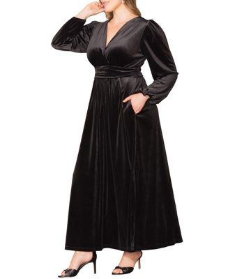 Plus Size Vivienne Long Sleeve Velvet Evening Gown with Pockets