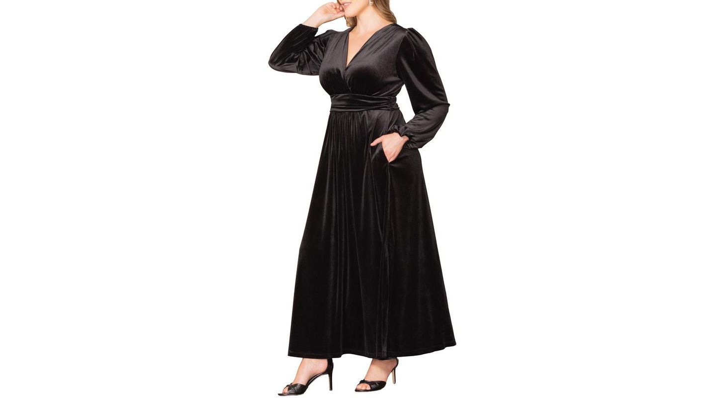 Женское платье Kiyonna Plus Size Vivienne Long Sleeve Velvet Evening Gown with Pockets, цвет: Оникс — фото 4